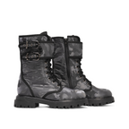 Scarlett Chase Athena Combat Boot with a lightweight sole, functioning hardware, and a hidden zipper || Nylon, Gray camouflage, black piping side view, two staggered boots on white background