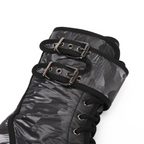 Scarlett Chase Athena Combat Boot with a lightweight sole, functioning hardware, and a hidden zipper  | Nylon, Gray camouflage, black piping side view, laying flat, zoomed in on upper, double buckles