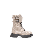Scarlett Chase Athena Combat Boot with a lightweight sole, functioning hardware, and a hidden zipper | Nylon, Light Camouflage Pattern, side view of boot on white background