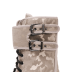 Scarlett Chase Athena Combat Boot with a lightweight sole, functioning hardware, and a hidden zipper | Nylon, light Camouflage Pattern, side view of boot on white background, zoomed in on silver, double buckle