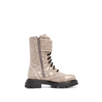 Scarlett Chase Athena Combat Boot with a lightweight sole, functioning hardware, and a hidden zipper | Nylon, Light Camouflage Pattern, side view of interior view of boot with zipper on white background