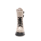 Scarlett Chase Athena Combat Boot with a lightweight sole, functioning hardware, and a hidden zipper | Nylon, Light Camouflage Pattern, frontal view of boot on white background
