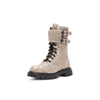Scarlett Chase Athena Combat Boot with a lightweight sole, functioning hardware, and a hidden zipper | Nylon, Light Camouflage Pattern, 3/4 view of boot on white background