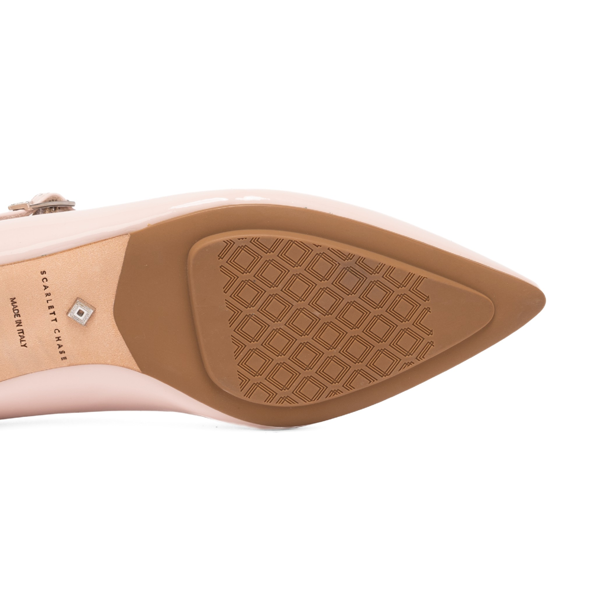 Scarlett Chase Blush Pink Patent Belle Ballet Flat with an adjustable Mary-Jane strap | Outsole on white background