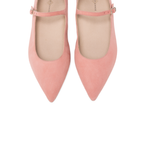 Scarlett Chase Belle Ballet Flat in Pink Suede with an adjustable Mary-Jane strap | Overhead view on white background