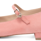 Scarlett Chase Belle Ballet Flat in Pink Suede with an adjustable Mary-Jane strap | Detail shot of strap buckle on white background