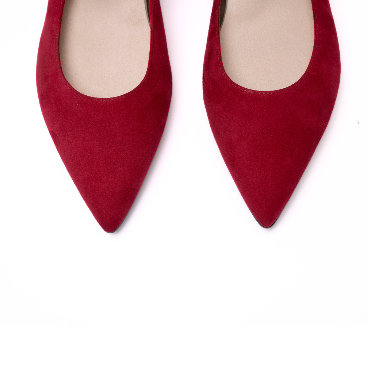 Scarlett Chase Belle Ballet Flat Red Suede with an adjustable Mary-Jane strap | Overhead view on white background