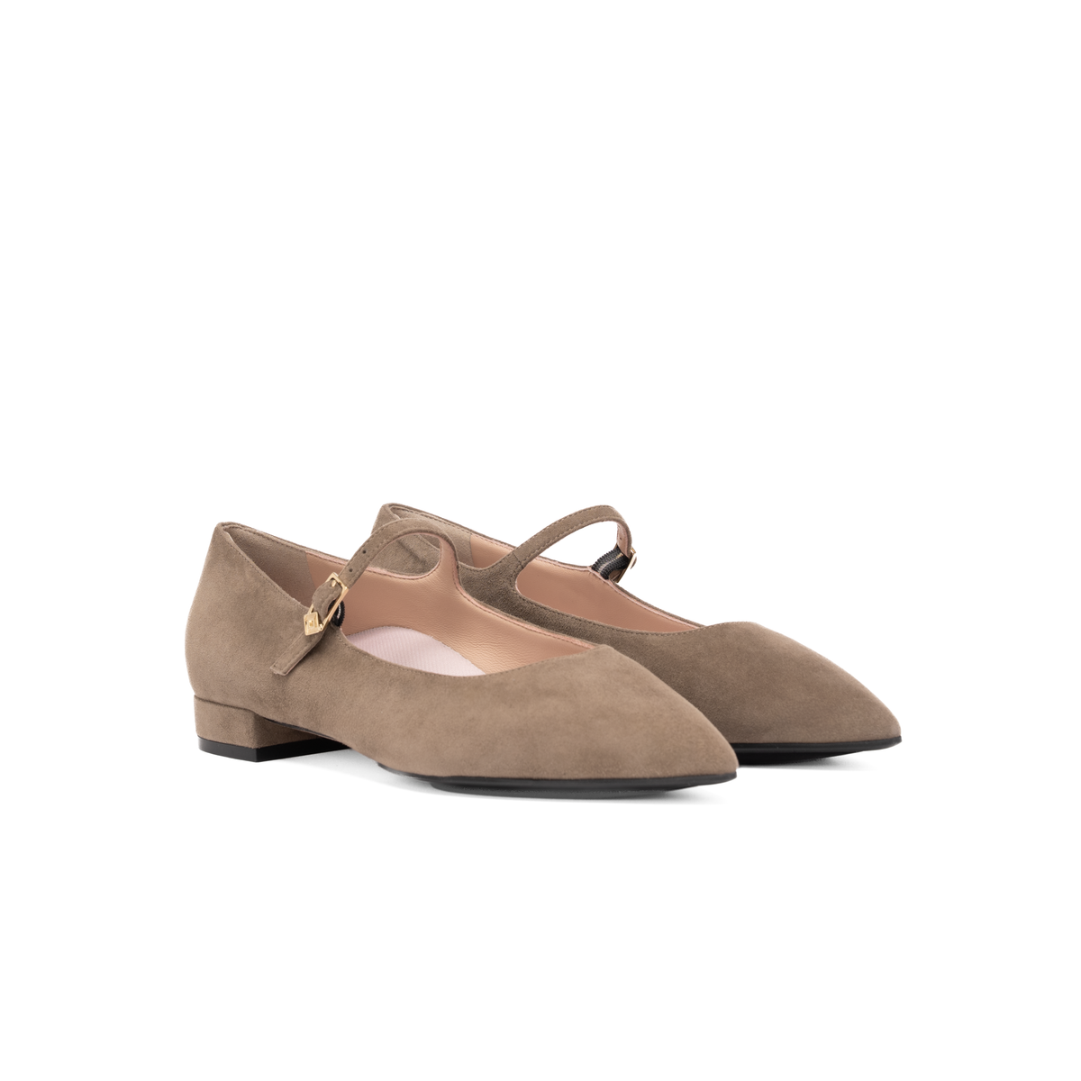 Scarlett Chase Belle Ballet Flat in Portobello Taupe Suede with an adjustable Mary-Jane strap | 3/4 view on white background