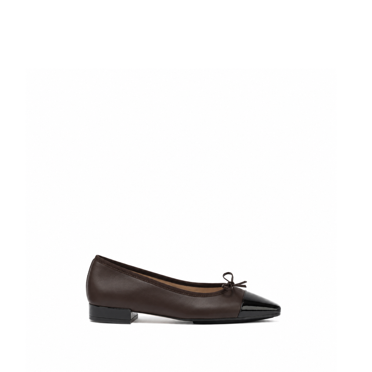 Scarlett Chase Bethany chocolate napa ballet flat with a toe cap, grosgrain trim, and a functioning tie | profile on white background