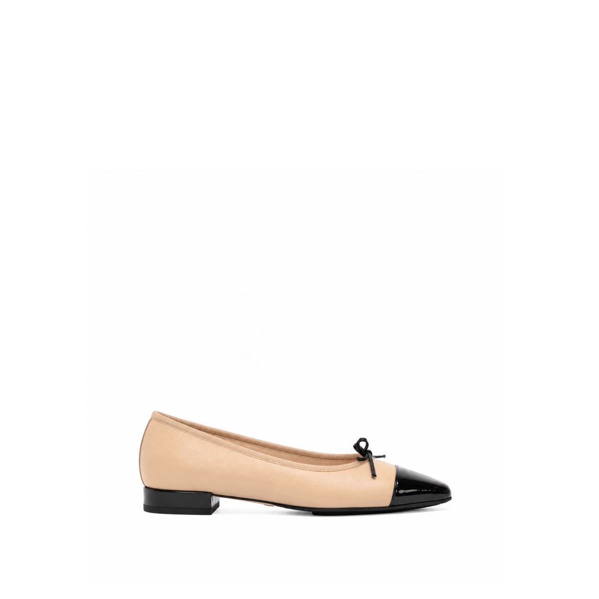 Scarlett Chase Bethany camel napa ballet flat with a toe cap, grosgrain trim, and a functioning tie | profile on white background