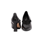 Scarlett Chase Brooke 75 Pump with a block heel and adjustable Mary Jane buckle strap | Black Croc Leather, one frontal view, one rear-facing view on white background