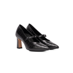 Scarlett Chase Brooke 75 Pump with a block heel and adjustable Mary Jane buckle strap | Black Croc Leather pair 3/4 view on white background