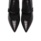 Scarlett Chase Brooke 75 Pump with a block heel and adjustable Mary Jane buckle strap | Black Croc Leather Overhead view on white background