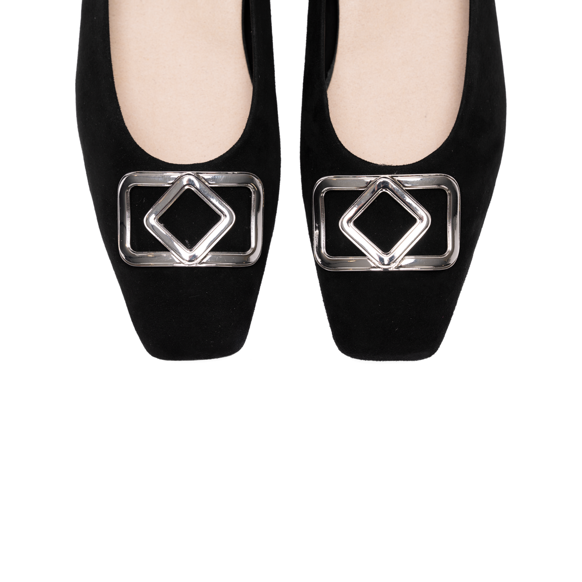 Scarlett Chase black Italian suede Bianca slingback ballet flat with a contrast heel, diamond accessory, and adjustable strap | overhead toe detail on white background