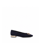 Scarlett Chase navy italian suede Brynn ballet flat with a contrast metallic heel and matching metallic diamond accessory | Profile on white background