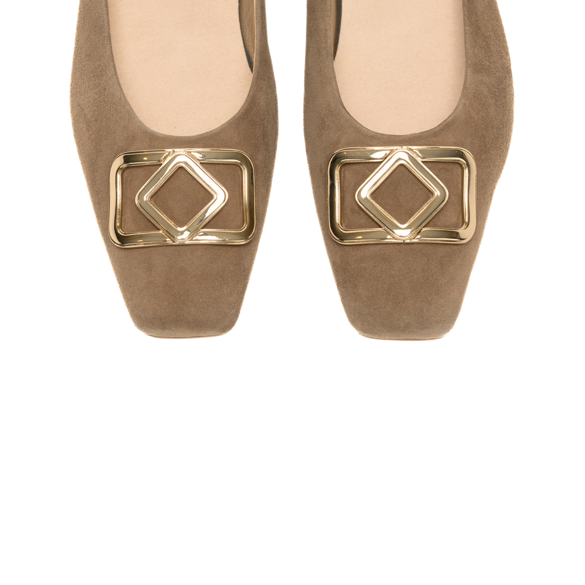 Scarlett Chase portobello Italian suede Bianca slingback ballet flat with a contrast heel, diamond accessory, and adjustable strap | overhead toe detail on white background