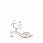 Scarlett Chase champagne metallic nap leather Cali 45 dress sandal with wrap-around ties and a gathered front | Profile view on white background