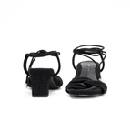 Scarlett Chase noir metallic velvet upper Cali 45 dress sandal with wrap-around ties and a gathered front | Front back view of pair on white background