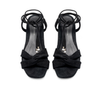 Scarlett Chase noir metallic velvet upper Cali 45 dress sandal with wrap-around ties and a gathered front | Top down view of pair side by side on white background