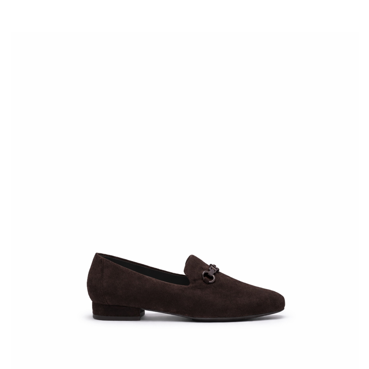 Scarlett Chase chocolate suede Chase loafer with dark brown SC accessory | Profile view on white background