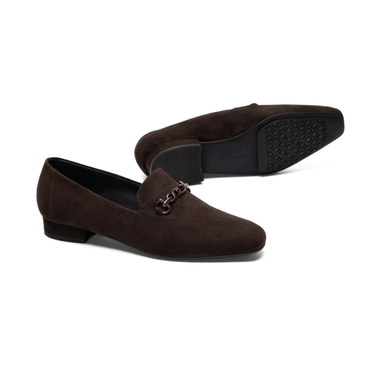 Scarlett Chase chocolate suede Chase loafer with dark brown SC accessory | 3/4 view with back show on side outsole on white background
