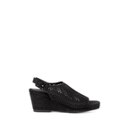 Scarlett Chase Chelsea Wedge Sandal with a perforated leather upper and adjustable back strap | side view of single black sandal on white background