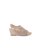 Scarlett Chase Chelsea Wedge Sandal with a perforated leather upper and adjustable back strap | single sandal shown in sand suede on white background