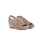 Scarlett Chase Chelsea Wedge Sandal with a perforated leather upper and adjustable back strap | pair of sandals, 3/4 view, in sand suede on white background