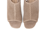Scarlett Chase Chelsea Wedge Sandal with a perforated leather upper and adjustable back strap | overhead view of sand suede sandals on white background