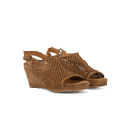Scarlett Chase Chelsea Wedge Sandal with a perforated leather upper and adjustable back strap | Sienna Suede pair of sandals 3/4 view on white background