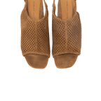 Scarlett Chase Chelsea Wedge Sandal with a perforated leather upper and adjustable back strap | Sienna Suede sandal pair - overhead view on white background