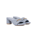Scarlett Chase Chloe denim linen 45 block heel sandal with a mesh-lined quilted upper and SC accessory | 3/4 view pair facing right on white background