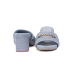 Scarlett Chase Chloe denim linen 45 block heel sandal with a mesh-lined quilted upper and SC accessory | Front and back view on white background