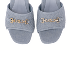 Scarlett Chase Chloe denim linen 45 block heel sandal with a mesh-lined quilted upper and SC accessory | Detail toe view on white background