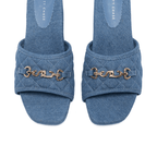 Scarlett Chase Chloe blue denim linen 45 block heel sandal with a mesh-lined quilted upper and SC accessory | Toe detail on white background