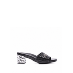 Scarlett Chase Chloe noir napa leather 45 chrome block heel sandal with a mesh-lined quilted upper and SC accessory | Profile on white background
