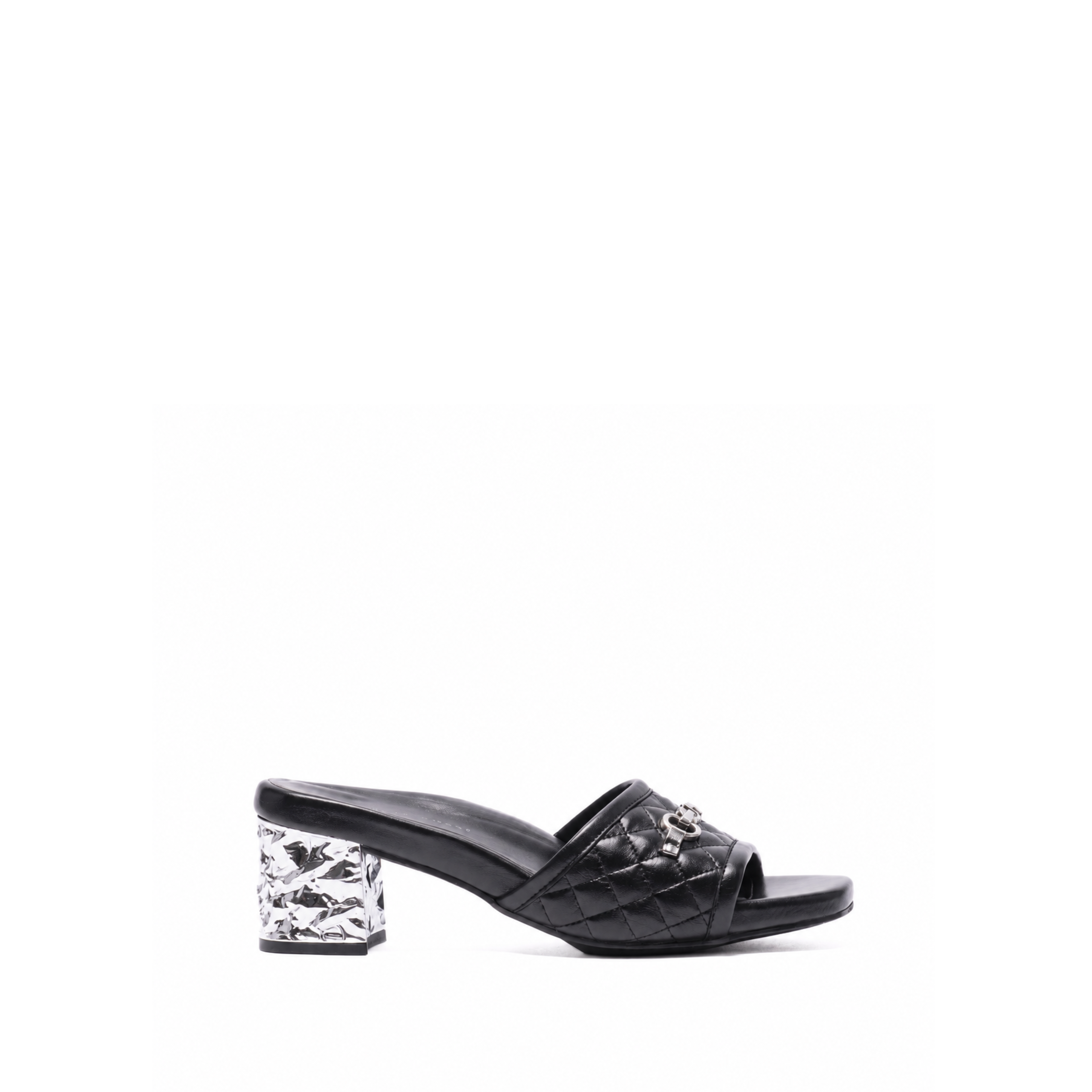 Scarlett Chase Chloe noir napa leather 45 chrome block heel sandal with a mesh-lined quilted upper and SC accessory | Profile on white background