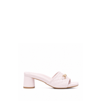 Scarlett Chase Chloe blush pink napa leather 45 block heel sandal with a mesh-lined quilted upper and SC accessory | Profile on white background