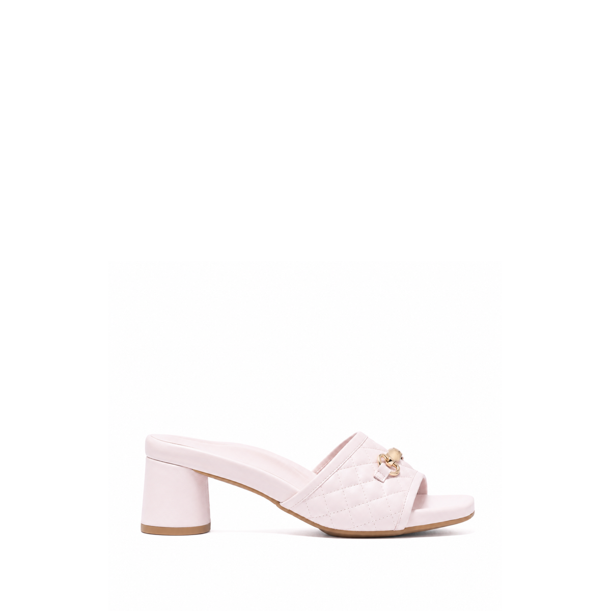 Scarlett Chase Chloe blush pink napa leather 45 block heel sandal with a mesh-lined quilted upper and SC accessory | Profile on white background