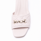 Scarlett Chase Chloe blush pink napa leather 45 block heel sandal with a mesh-lined quilted upper and SC accessory | Toe detail on white background