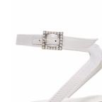 Scarlett Chase white satin Coco 45 dress sandal with minimalist straps and an adjustable backstrap | Detail of buckle on white background