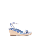 Scarlett Chase bluebell printed satin Corsica Wedge Sandal with an adjustable back strap and handroped wedge bottom | 