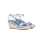 Scarlett Chase bluebell printed satin Corsica Wedge Sandal with an adjustable back strap and handroped wedge bottom | 3/4 view pair facing right with white background