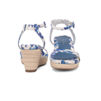 Scarlett Chase bluebell printed satin Corsica Wedge Sandal with an adjustable back strap and handroped wedge bottom | Font and back view on white background
