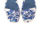 Scarlett Chase bluebell printed satin Corsica Wedge Sandal with an adjustable back strap and handroped wedge bottom | Toe detail on white background