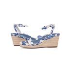Scarlett Chase bluebell printed satin Corsica Wedge Sandal with an adjustable back strap and handroped wedge bottom | Profile facing opposite directions on white background