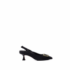 Scarlett Chase noir suede Reese 55 Slingback with a sculpted heel, an adjustable backstrap buckle, and a taupe toe accessory | Profile on white background