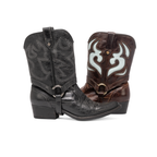 Scarlett Chase black leather and mahagony with sky blue suede interchangeable mid-calf Fiona cowboy boot gaiters with decorative stitching and clip-on straps attached to Fiona black and mahagony leather cowboy booties with decorative stitching and a side zipper | | side view of pair facing opposite directions on white background
