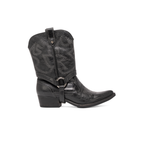 Scarlett Chase black leather interchangeable mid-calf Fiona cowboy boot gaiter with decorative stitching and clip-on straps and Fiona cowboy bootie with decorative stitching and a side zipper | | Profile of mid-calf gaiter attached to bootie on white background