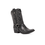 Scarlett Chase black leather interchangeable mid-calf Fiona cowboy boot gaiter with decorative stitching and clip-on straps and Fiona cowboy bootie with decorative stitching and a side zipper | | Mid-calf gaiter attached to bootie 3/4 view on white background